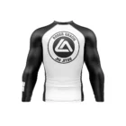 Rear view of Roger Gracie Jiu Jitsu long sleeve rash guard in White
