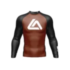 Front view of Roger Gracie Jiu Jitsu long sleeve rash guard in Brown