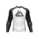 Front view of Roger Gracie Jiu Jitsu long sleeve rash guard in White