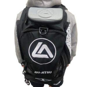 the rear view of a roger gracie branded backpack